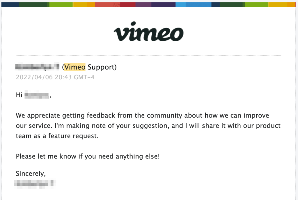 Vimeoからの返信