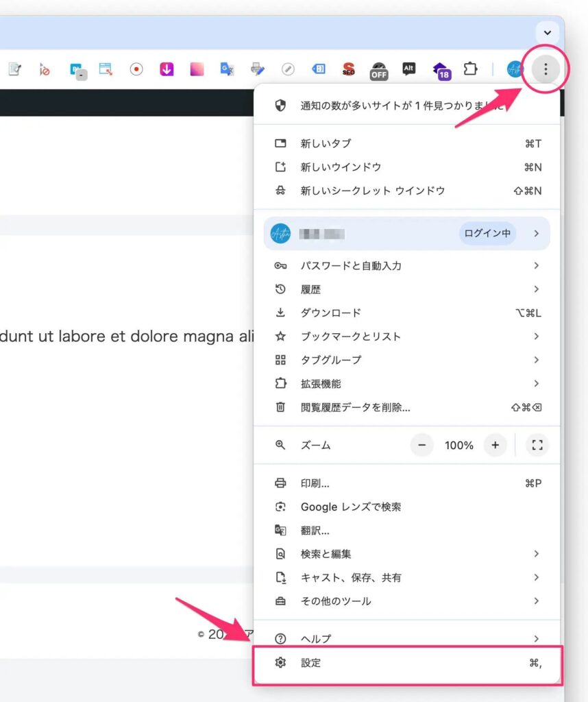 Chromeブラウザで設定画面を出す方法