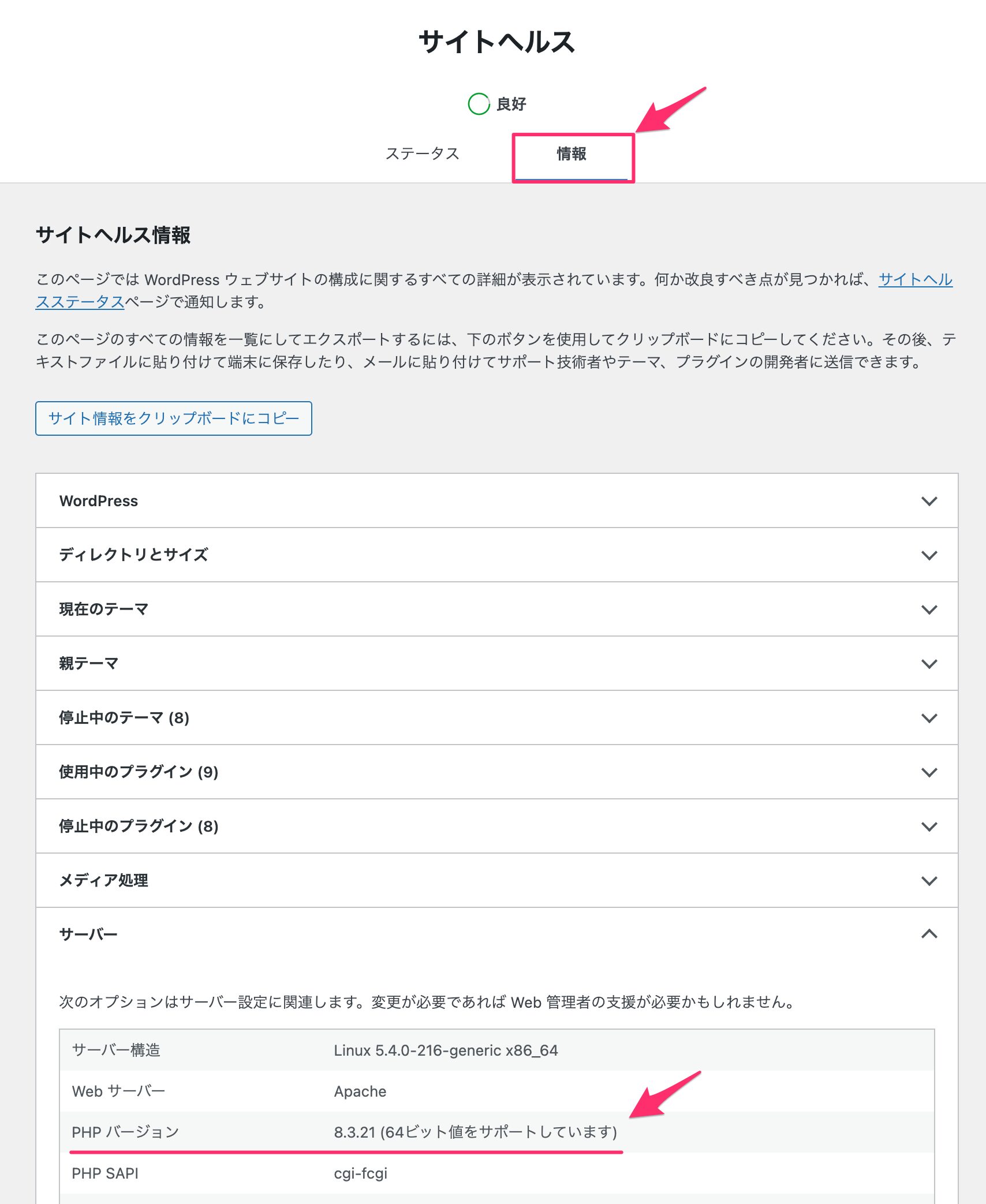 サイトヘルスのサーバー内のPHPバージョン