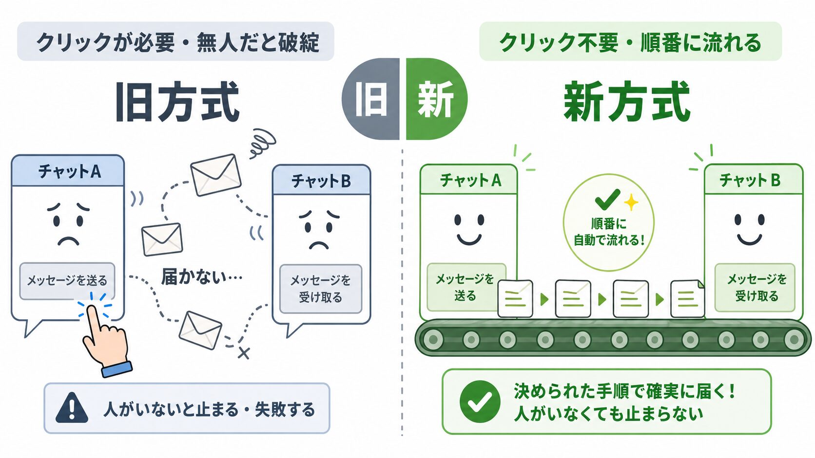 旧（3チャットがメッセージで受け渡す）と新（1チャット＋スクリプトが順番に起動）の対比図