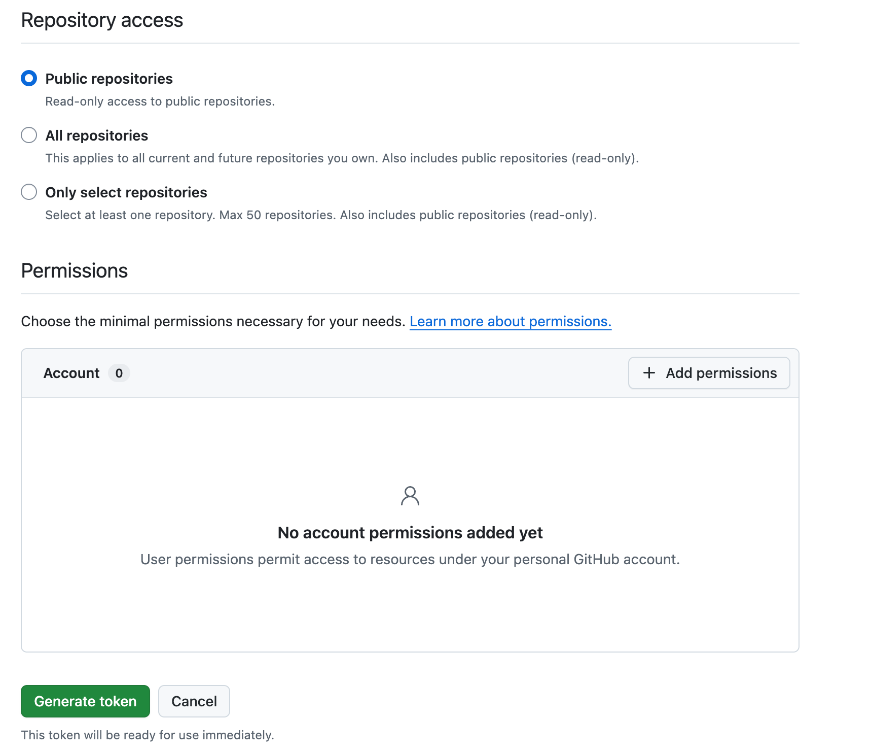 Repository accessとPermissionsの選択画面
