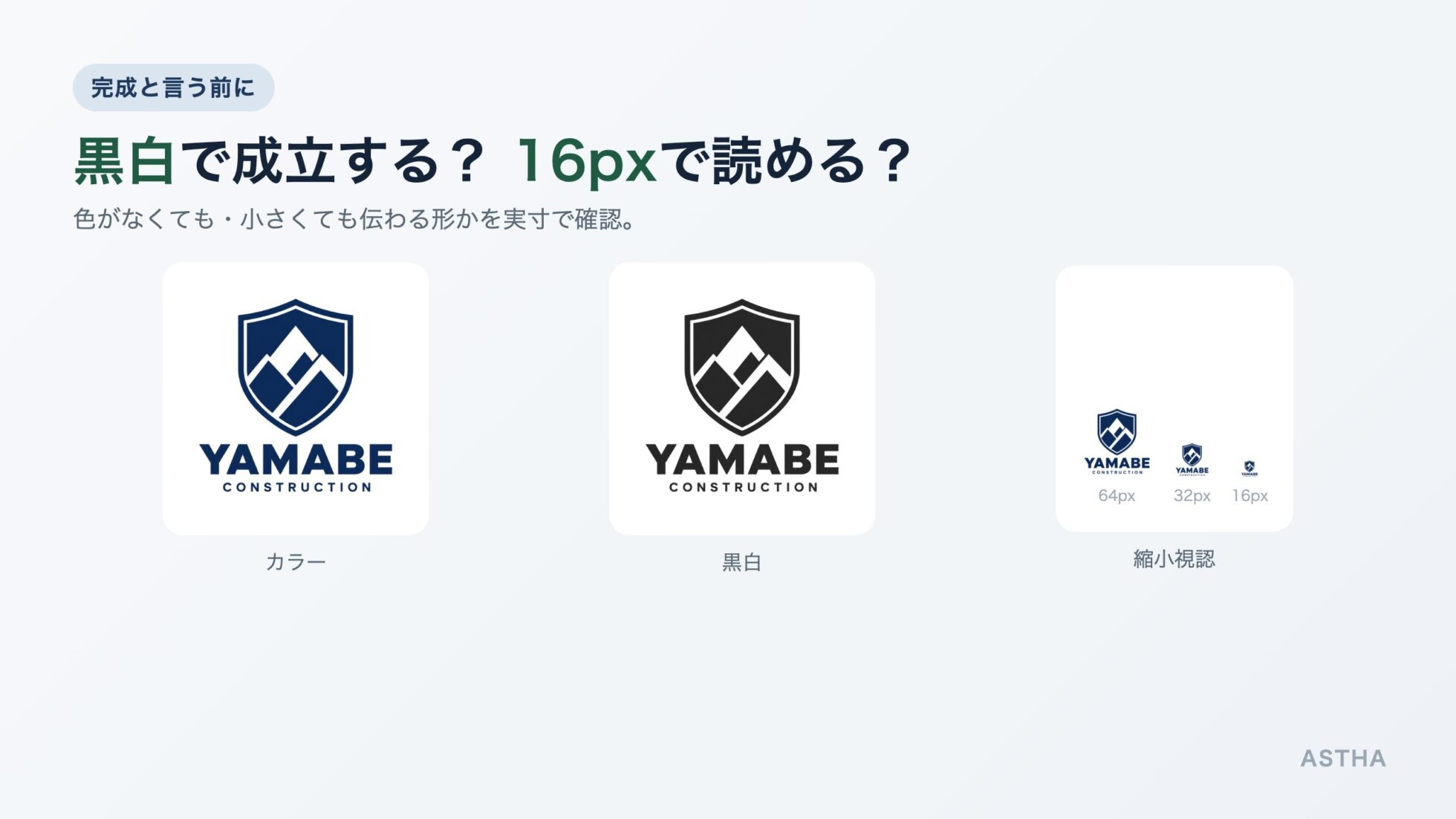 同じロゴを「カラー」「黒白」「縮小（64px/32px/16px）」で並べ、視認性を確かめる図