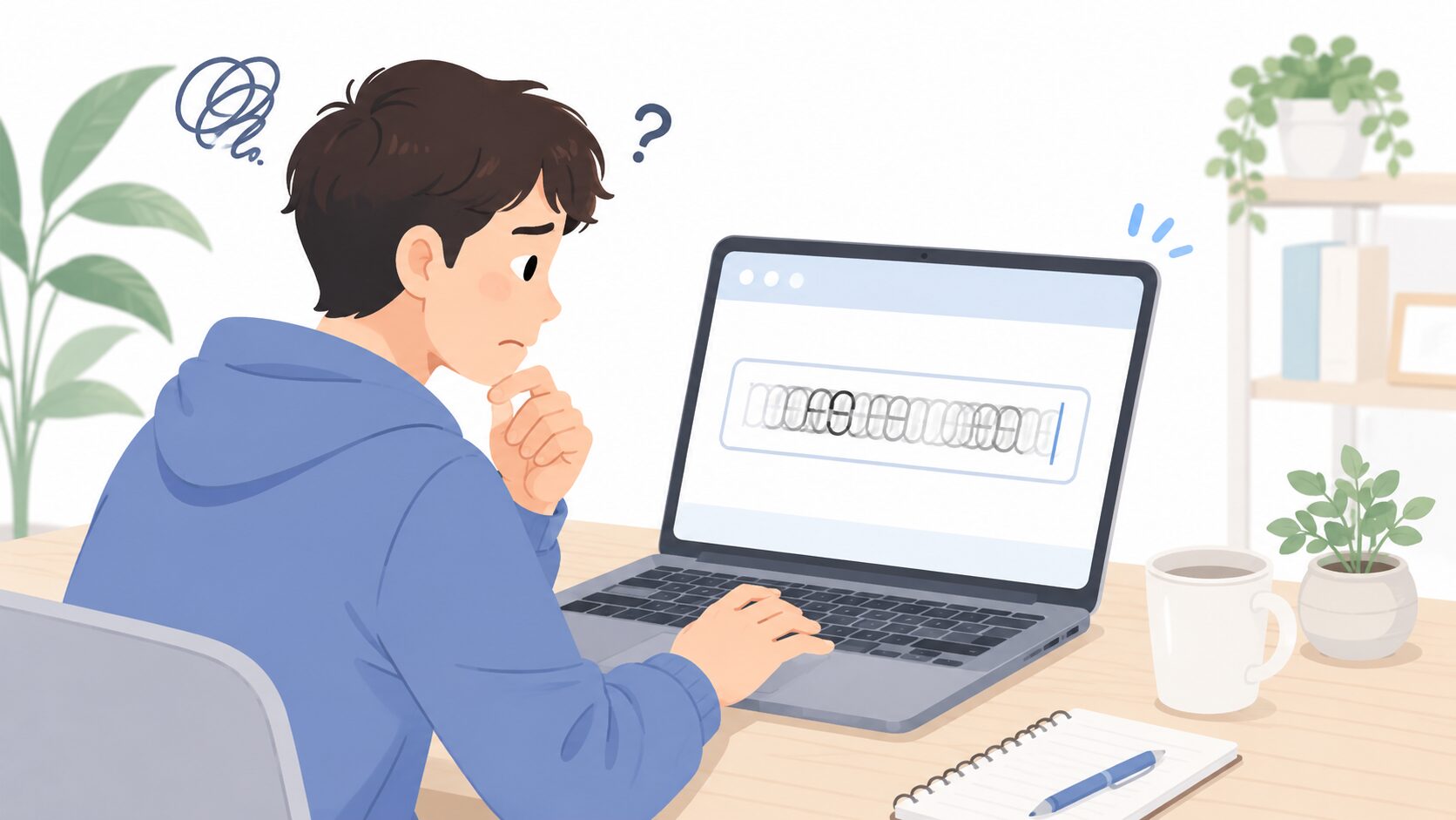 パソコンの文字入力欄で文字が二重にダブって表示され、うまく入力できず困っている様子のイラスト
