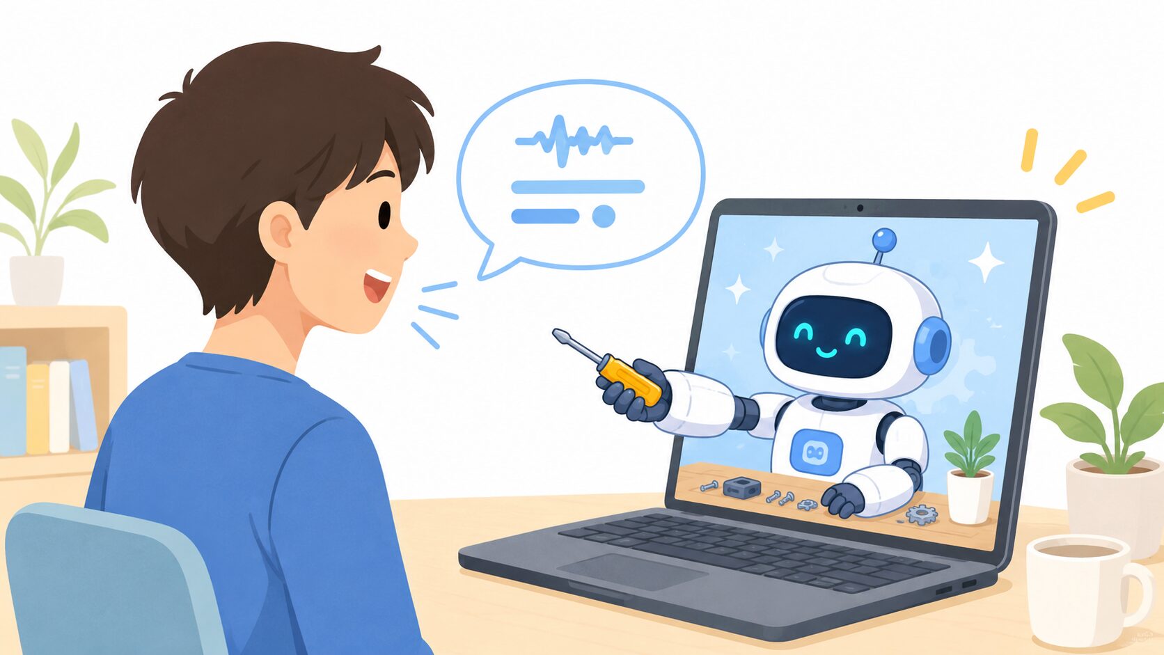 人が言葉で指示し、画面の中のロボット（AI）が小さな道具を組み立てて手渡しているイラスト