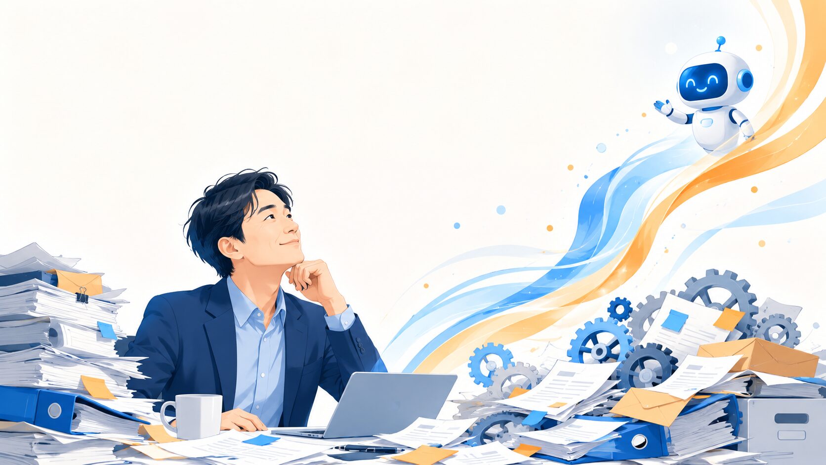 image2.0で生成した文字なしのイラスト。書類の山を抜けて、人とAIロボットが軽やかに進んでいくイメージ