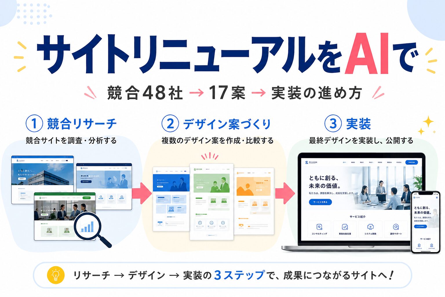 サイトリニューアルをAIで｜競合48社→17案→実装の進め方
