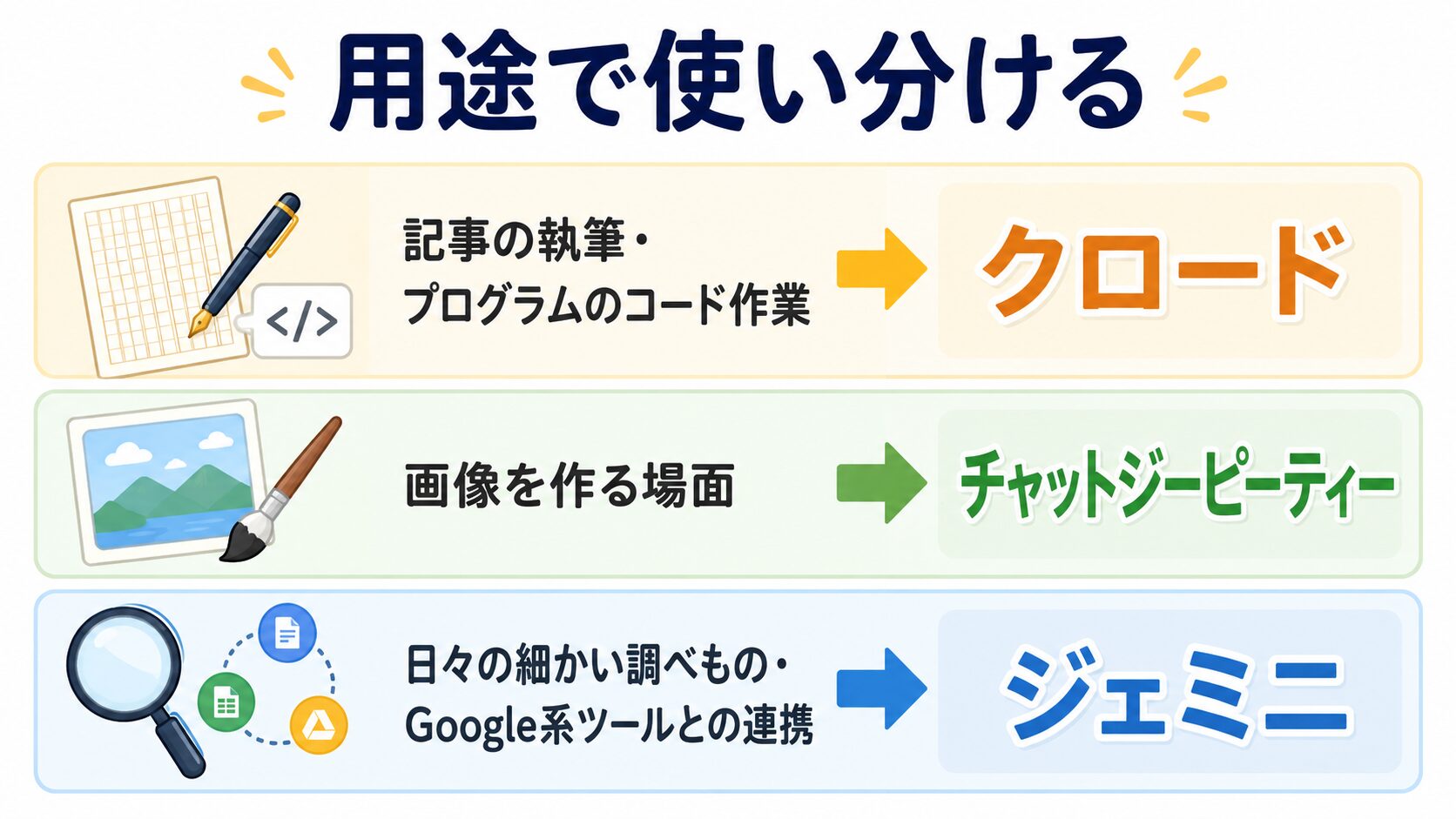 用途で使い分ける対応表(記事の執筆・コード作業はClaude、画像を作る場面はChatGPT、日々の調べもの・Google系ツール連携はGemini)