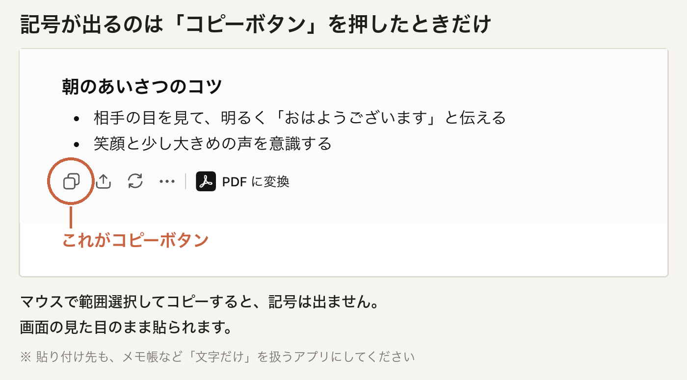 ChatGPTの回答の下に並ぶアイコンのうち、いちばん左がコピーボタン。範囲選択してコピーすると記号は出ない。