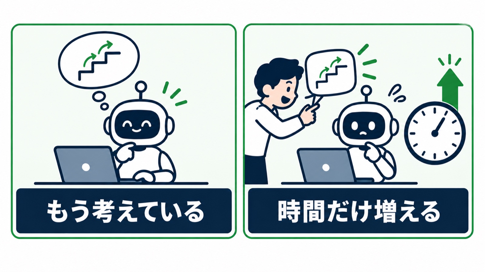 すでに順を追って考えているAIに、順を追ってと頼むと時間だけが増える図