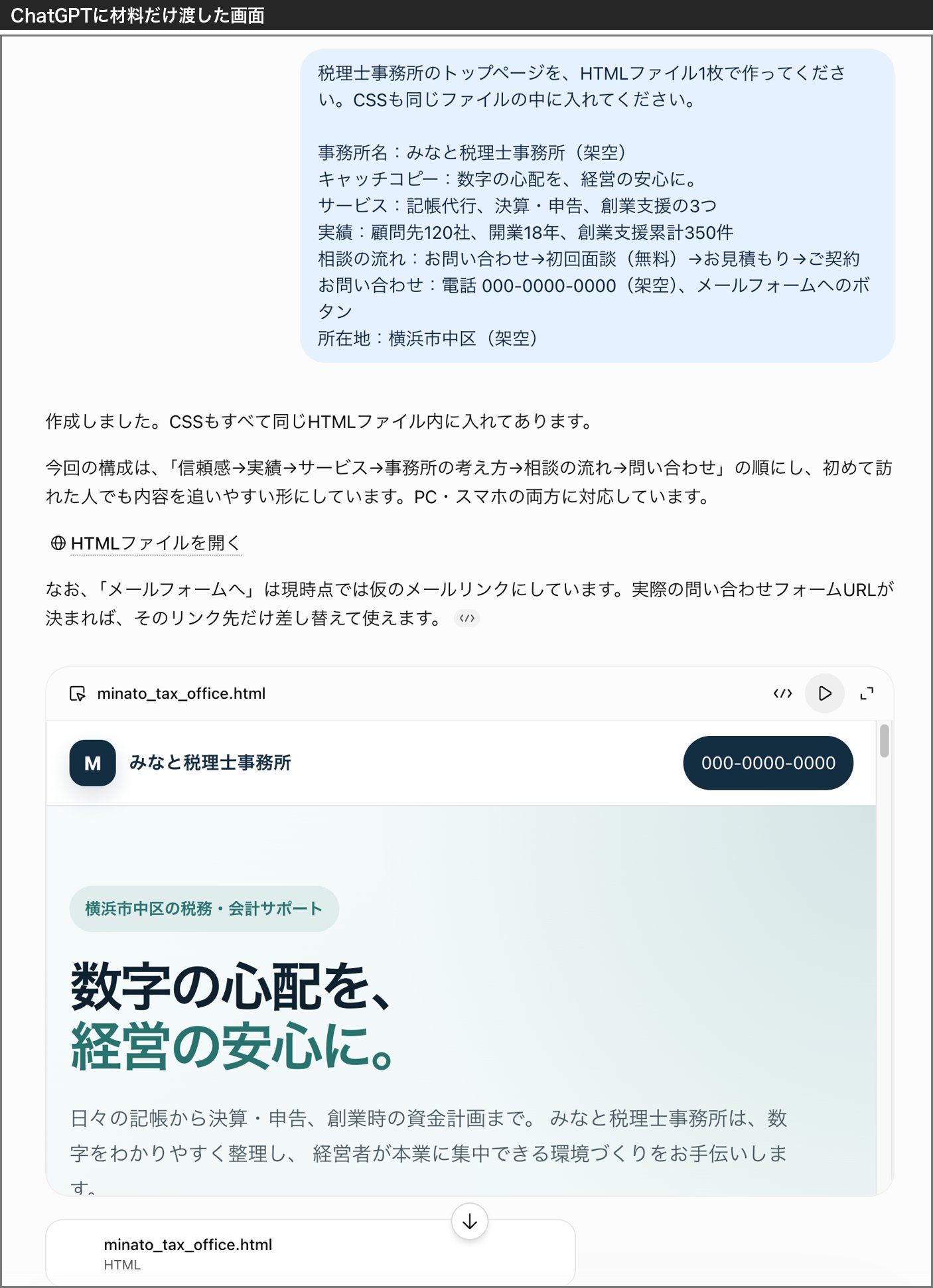 ChatGPTに材料だけを渡して頼んだ画面