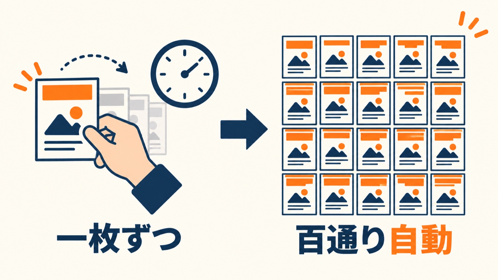 一枚ずつ手で複製していた広告画像が、自動で百通り並んで出てくる