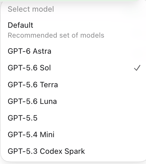 ChatGPTのモデル選択メニュー。GPT-6 Astraのほかに、GPT-5.6 Sol、GPT-5.6 Terra、GPT-5.6 Lunaなどが並んでいる