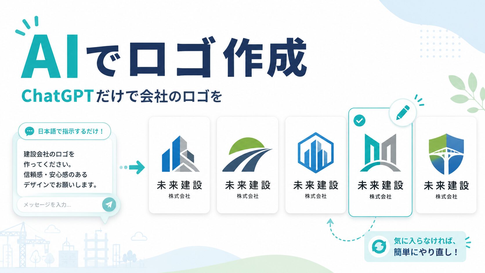 2026年6月にImages 2.0で作ったアイキャッチ。ロゴ案が5つ並び、社名はすべて同じ「未来建設」になっている