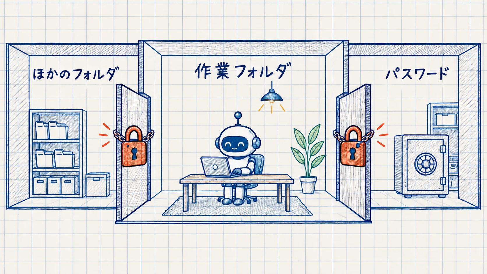 サンドボックスの仕組み。作業フォルダの部屋の中でAIが作業し、隣の部屋（ほかのフォルダ・パスワードのファイル）への扉に鍵がかかっている図
