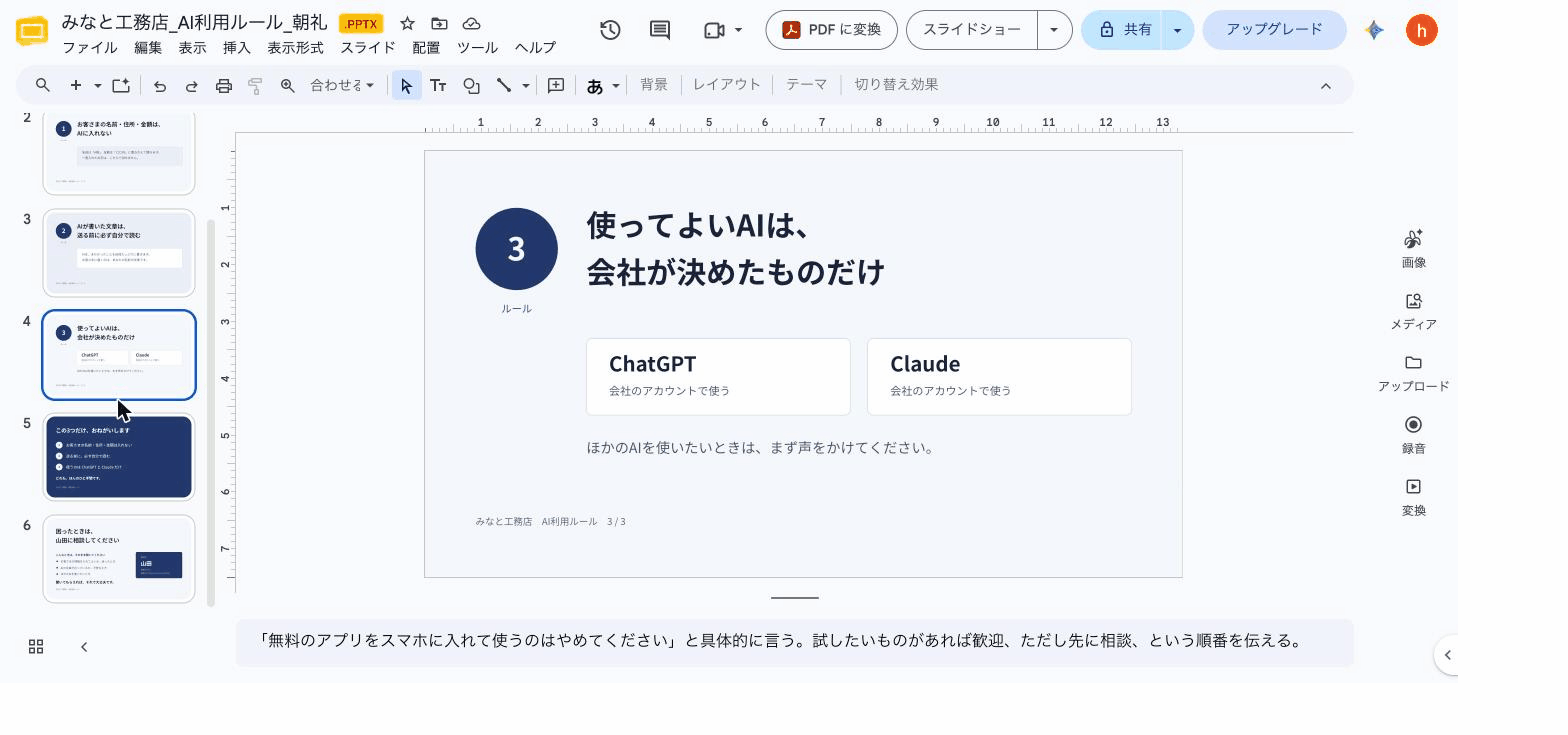 Googleスライドで6枚目「困ったときは山田に相談」を開いた画面