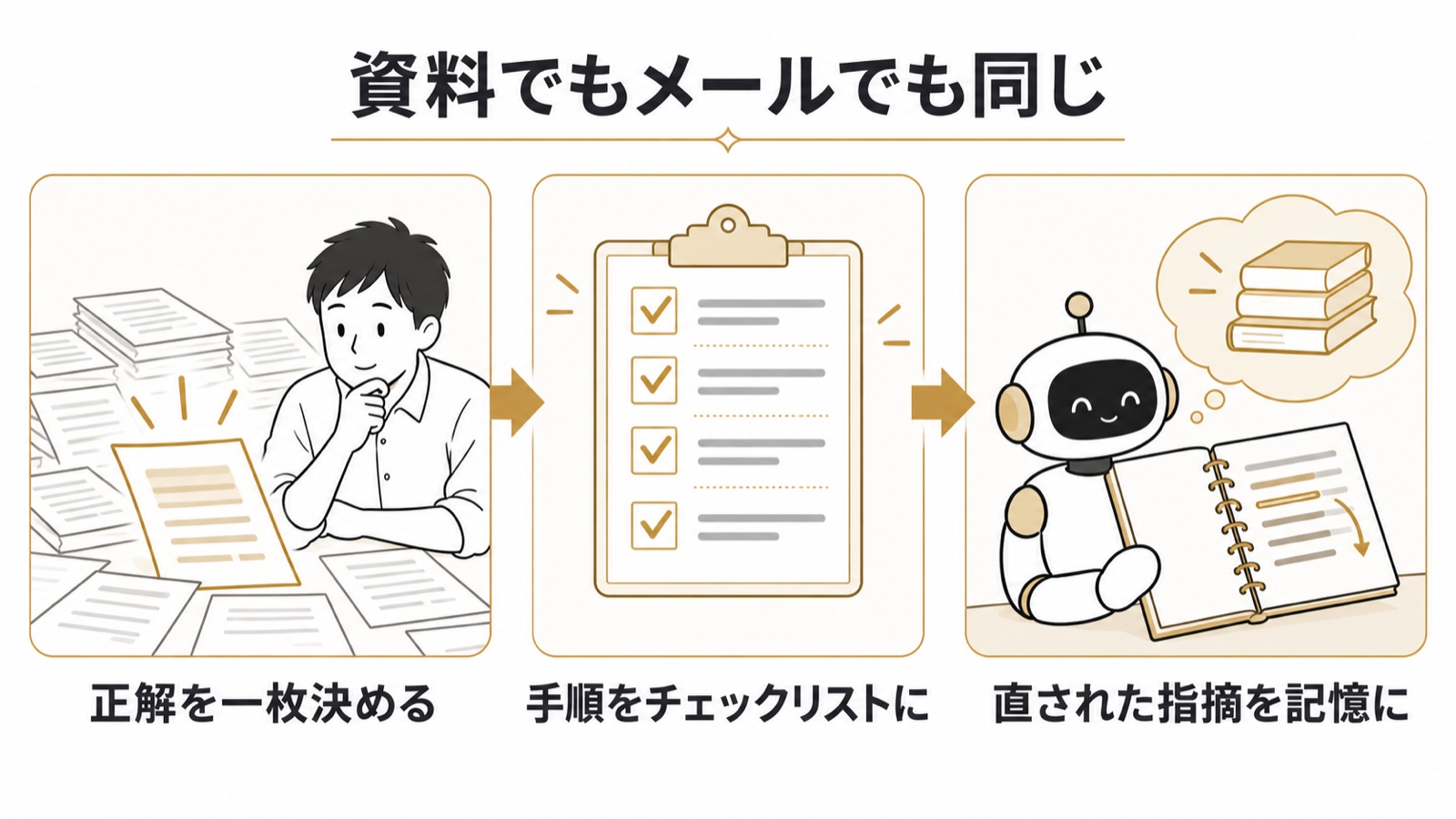 資料でもメールでも同じ型の3つ。正解を一枚決める、手順をチェックリストに、直された指摘を記憶に