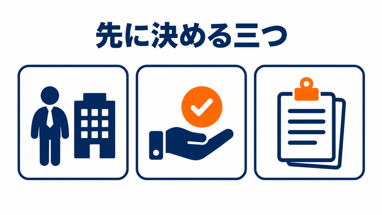 個人と会社、手のひらとチェック、クリップ留めの書類の三つのカード