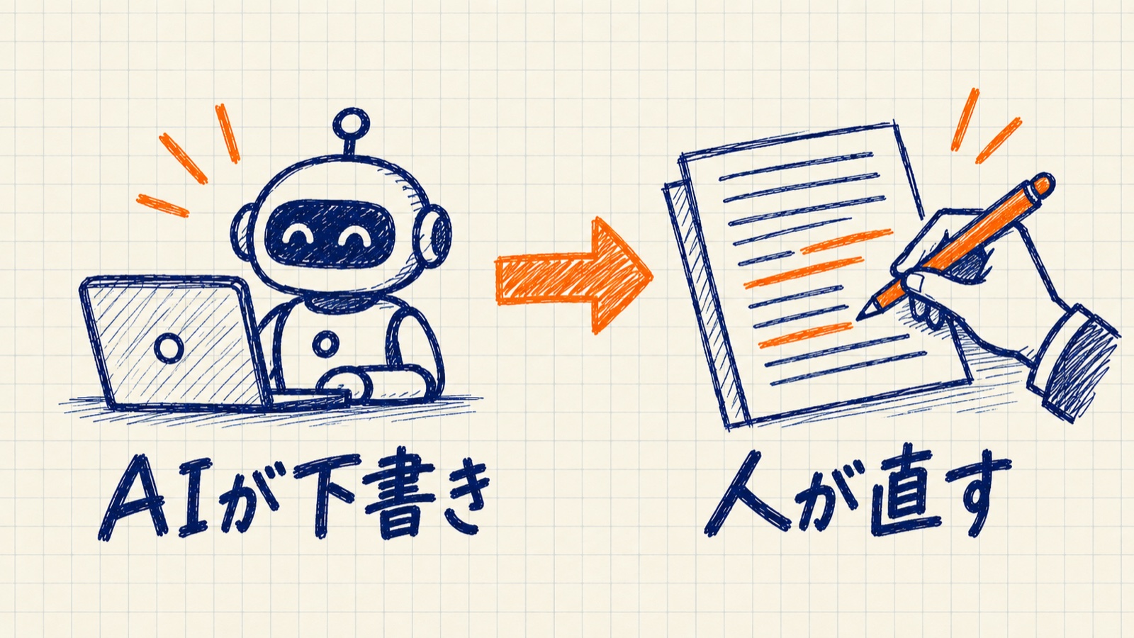ロボットがパソコンで下書きし、人がオレンジのペンで直している