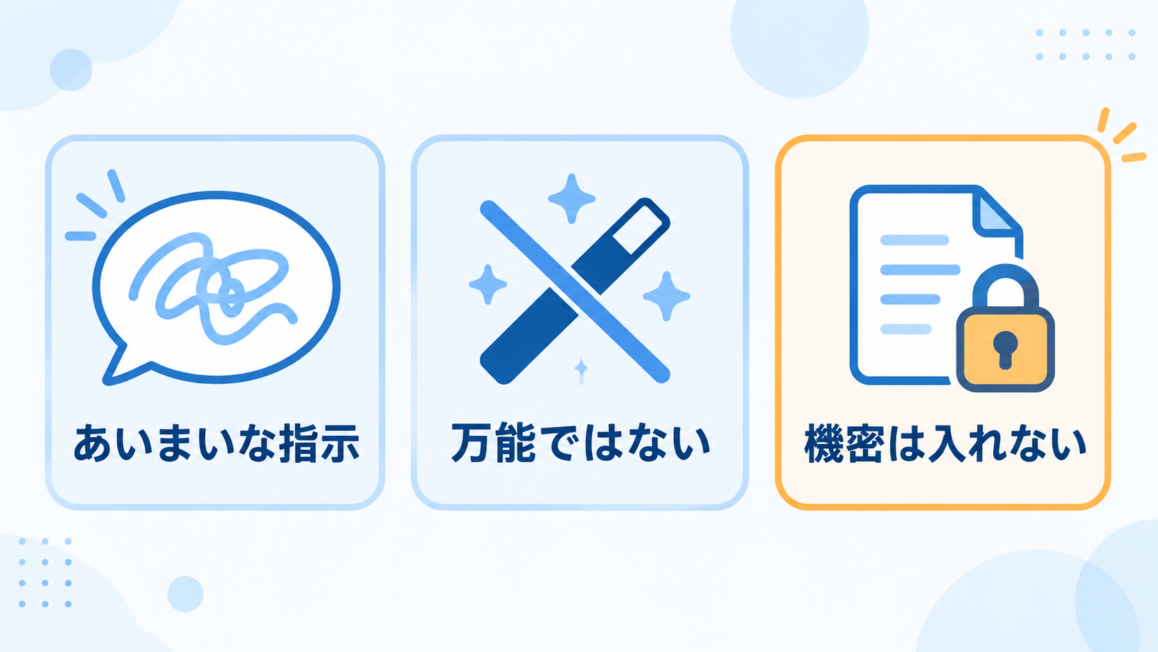 あいまいな指示、万能ではない、機密は入れないという3つの注意点を並べた図解
