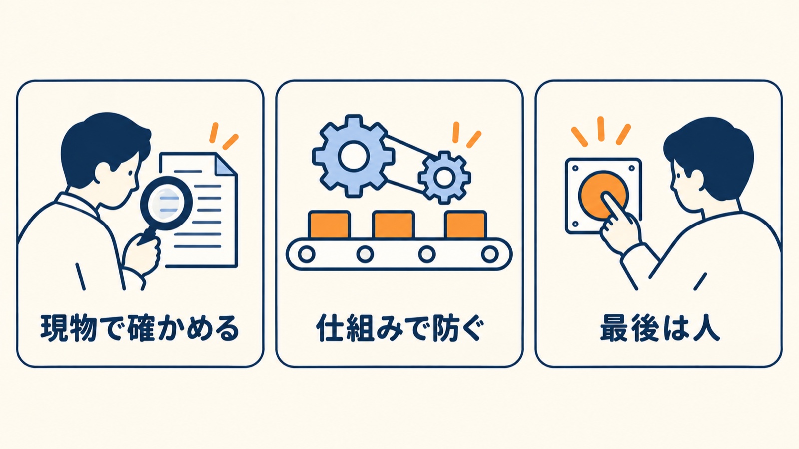 持ち帰ってほしい3つ：現物で確かめる、仕組みで防ぐ、最後は人