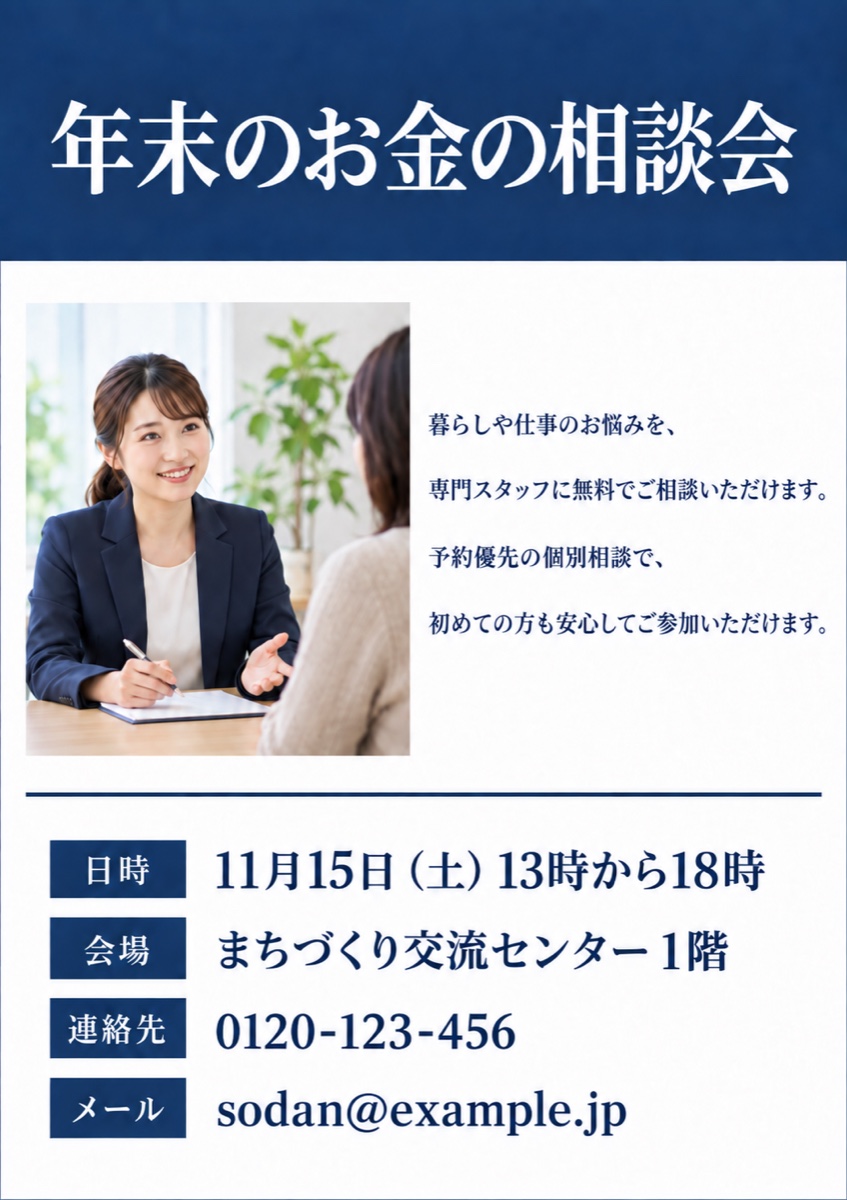 タイトルだけを差し替えたチラシ。帯の文字が年末のお金の相談会に変わり、ほかは変わっていない