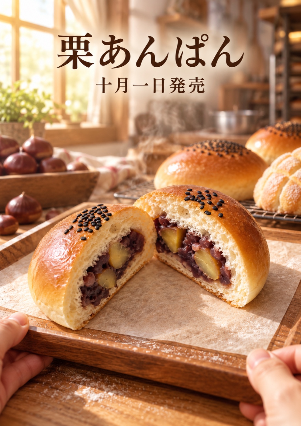 栗あんぱんのポスター。朝の厨房で職人がトレーを持ち、上に栗あんぱん、十月一日発売と書かれている