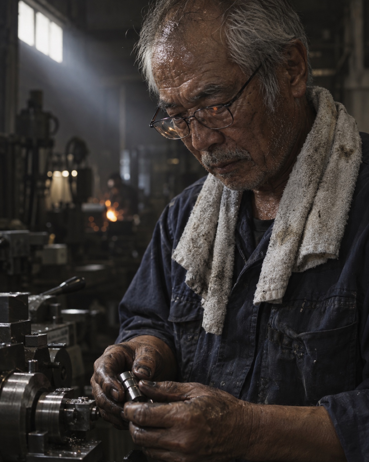 町工場で手元の金属部品を見つめる60代の職人。額の汗、深い皺、眼鏡に映る火花、油で汚れた指