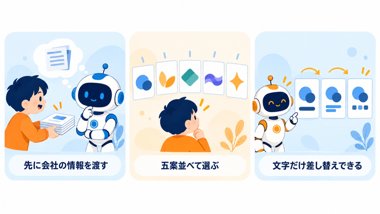 AIでロゴを作る要点3つ。先に会社の情報を渡す、5案並べて選ぶ、文字だけ差し替えできる