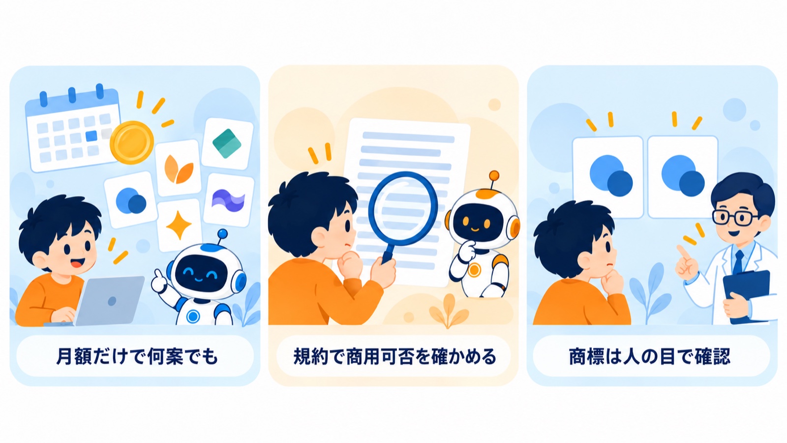 使う前に押さえる3点。月額だけで何案でも、規約で商用可否を確かめる、商標は人の目で確認