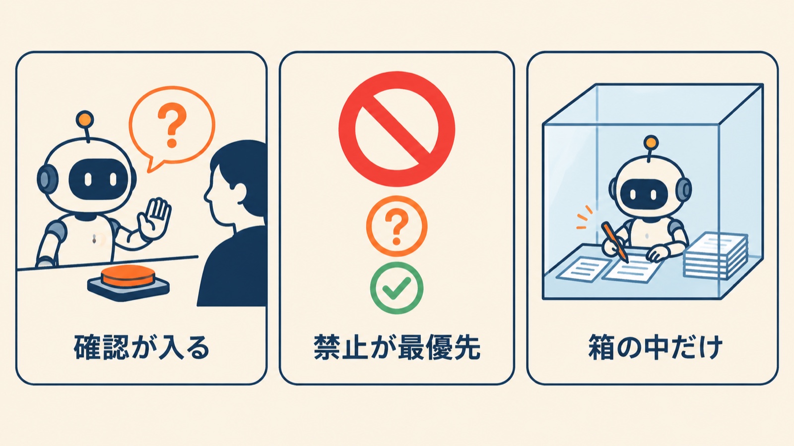 安全を支える3つの仕組み:確認が入る、禁止が最優先、箱の中だけ(サンドボックス)