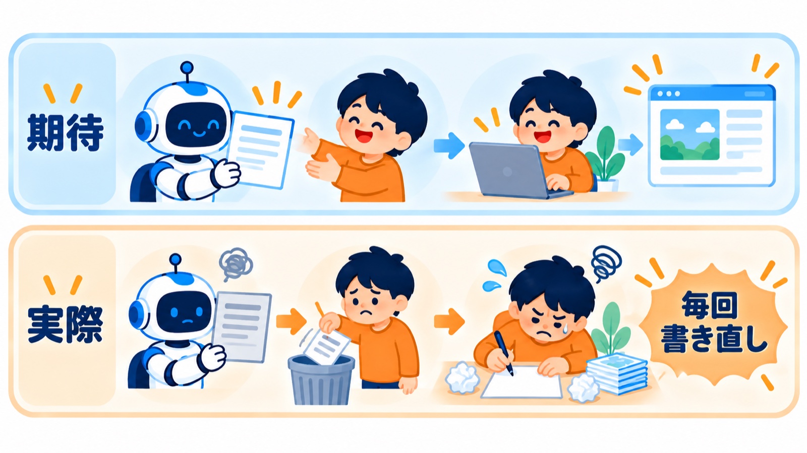 AIに下書きを任せたら、薄い下書きを毎回ゼロから書き直す羽目になった図