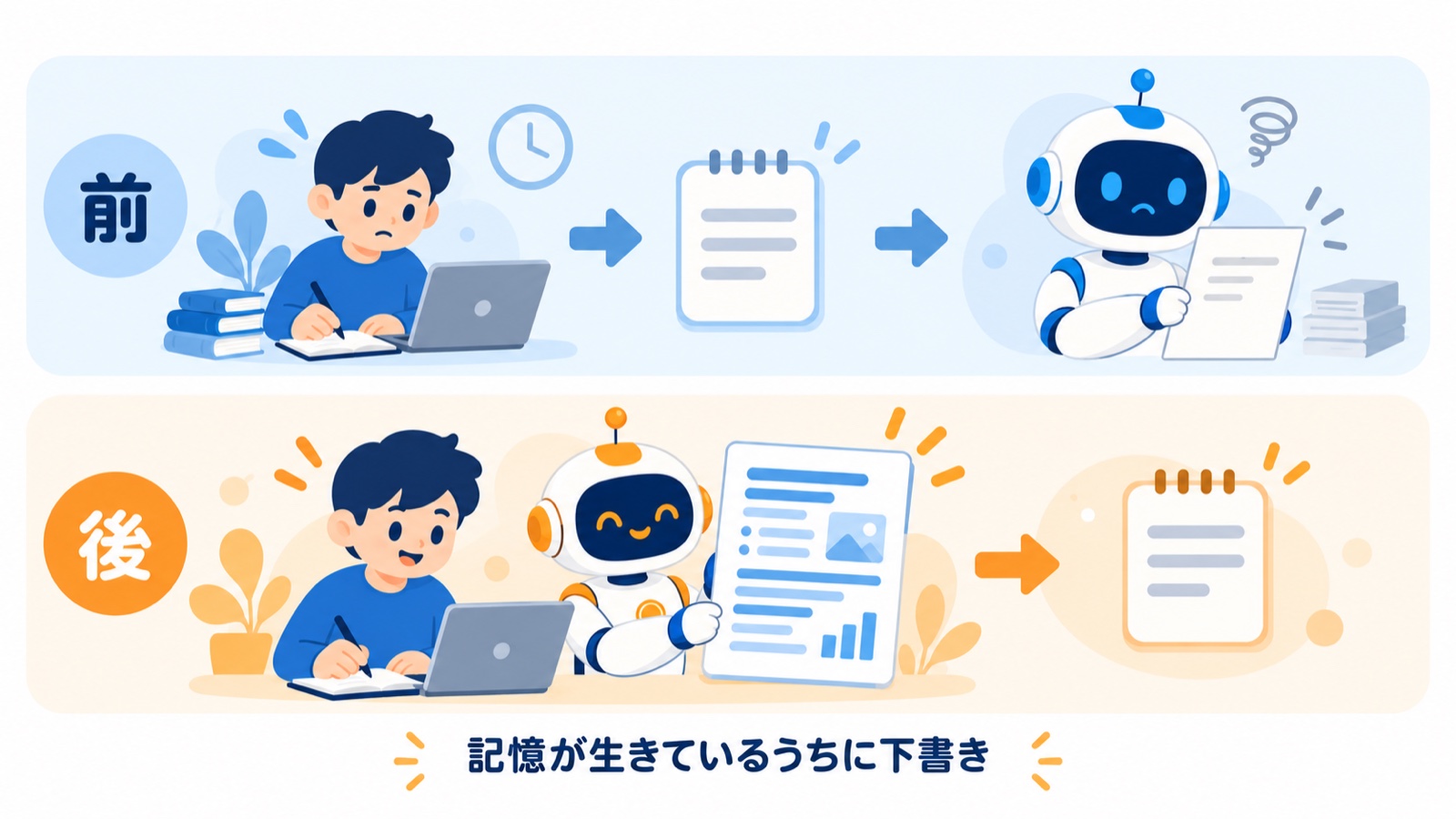 前は作業→日報→薄い下書き、後は作業のその場で濃い下書き→日報、と順番を変えた図