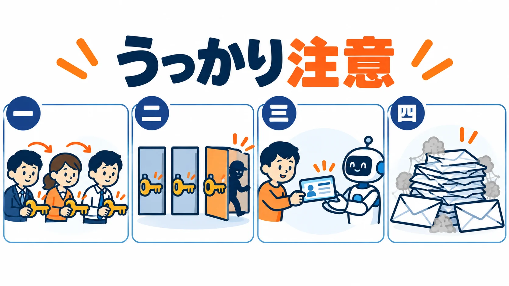仕事で使う人が止められやすい4つの図。1つの鍵を数人で使う、同じ鍵の使い回しで乗っ取られる、アカウントをロボットに渡す、警告メールの放置