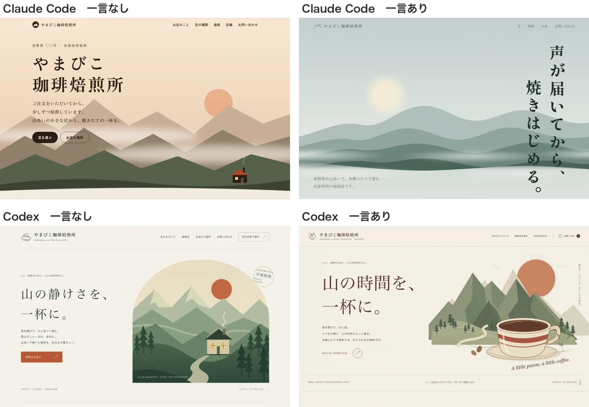 4本のトップページの最初の画面を2×2に並べた画像（左上Claude Code一言なし、右上Claude Code一言あり、左下Codex一言なし、右下Codex一言あり）
