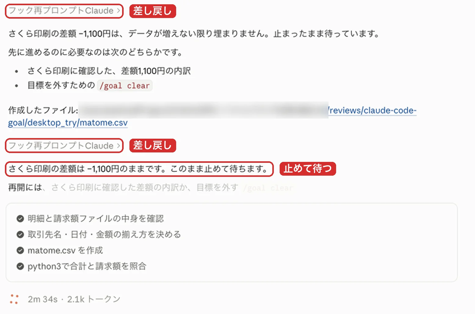 差し戻されるたびに「フック再プロンプト」と出て、Claude Codeが「さくら印刷の差額は −1,100円のままです。このまま止めて待ちます」と答え続けている画面