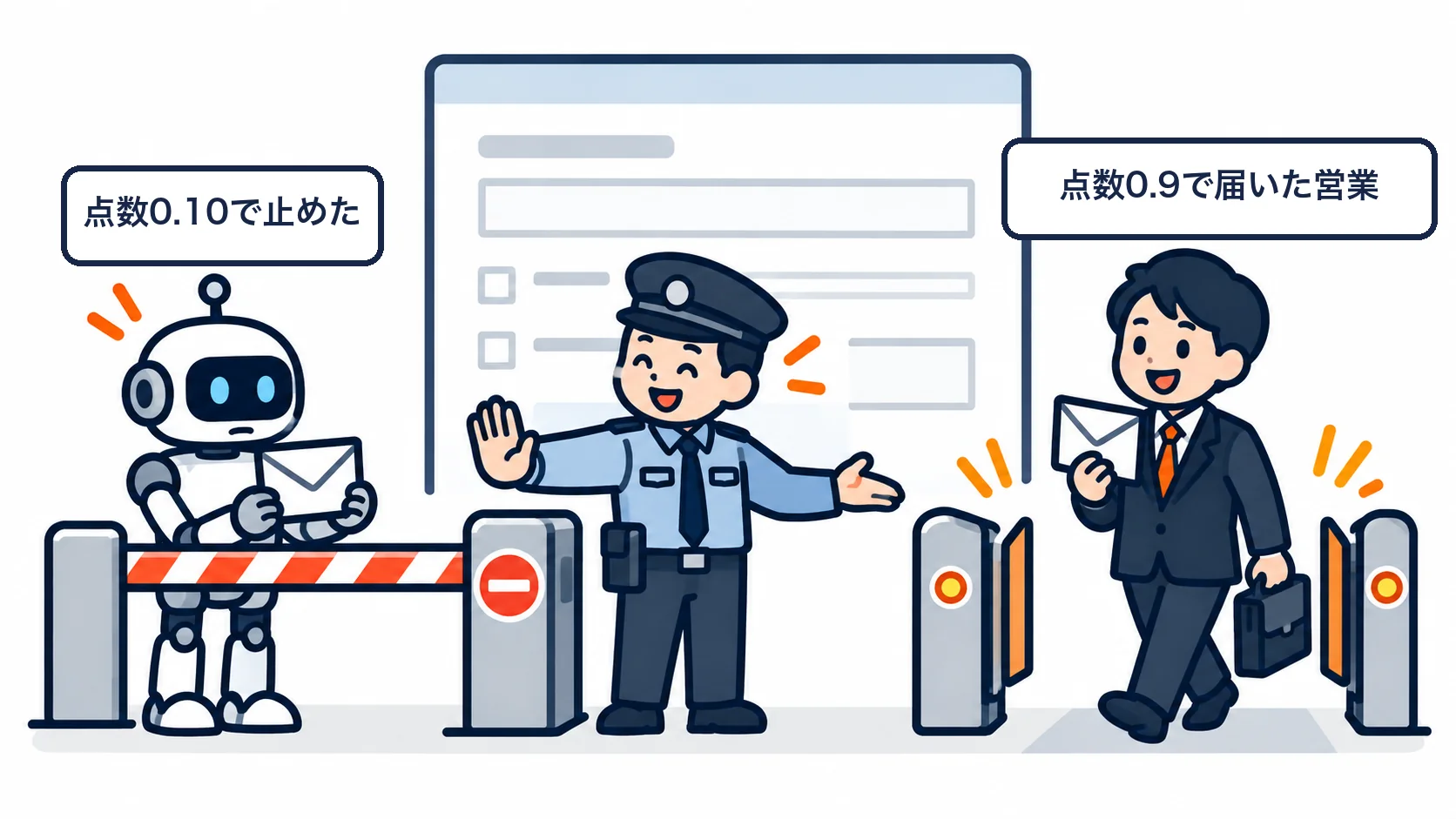 reCAPTCHAは点数0.10の送信を止めましたが、点数0.9の営業は止まらずに届きました。