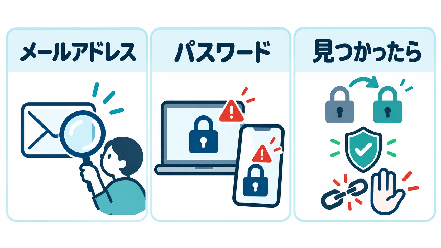 この記事のまとめ。メールアドレスはHave I Been PwnedかMozilla Monitor、パスワードはChromeのチェックアップかiPhoneのパスワードアプリで調べ、見つかったら3つをやる、を1枚にした図