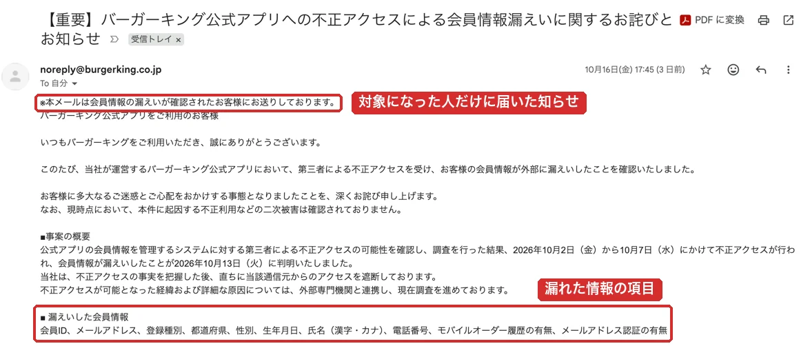 バーガーキング公式アプリの会員に届いた漏えいのお知らせメール。「本メールは会員情報の漏えいが確認されたお客様にお送りしております」と、漏えいした会員情報の項目を赤枠で囲んでいる