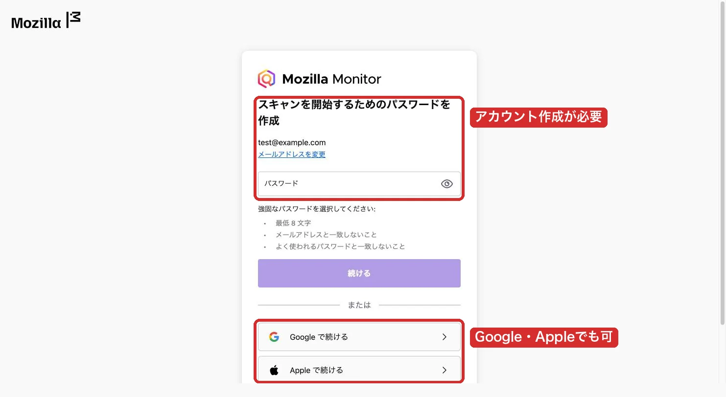「無料でスキャン」を押したあとに出る、Mozillaアカウントの作成画面。「スキャンを開始するためのパスワードを作成」と、Google・Appleで続けるボタンを赤枠で囲んでいる