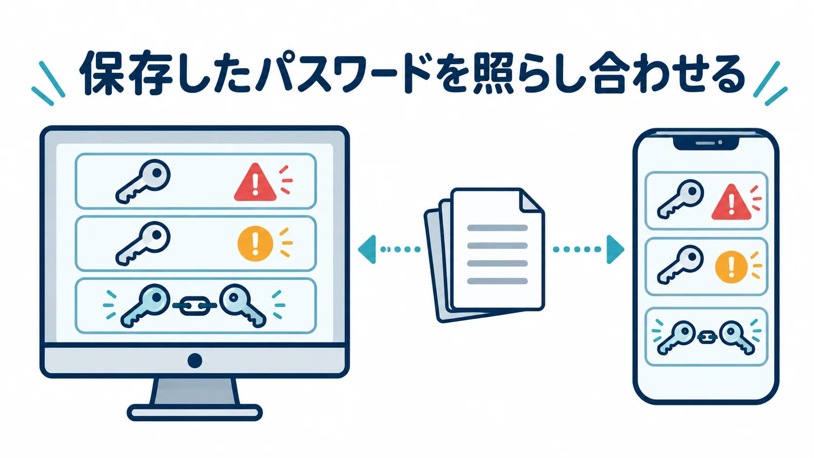 パソコンとスマホに保存したパスワード（鍵）が、漏えいデータの束と照らし合わされ、危ないものに警告の印が付く仕組みの図