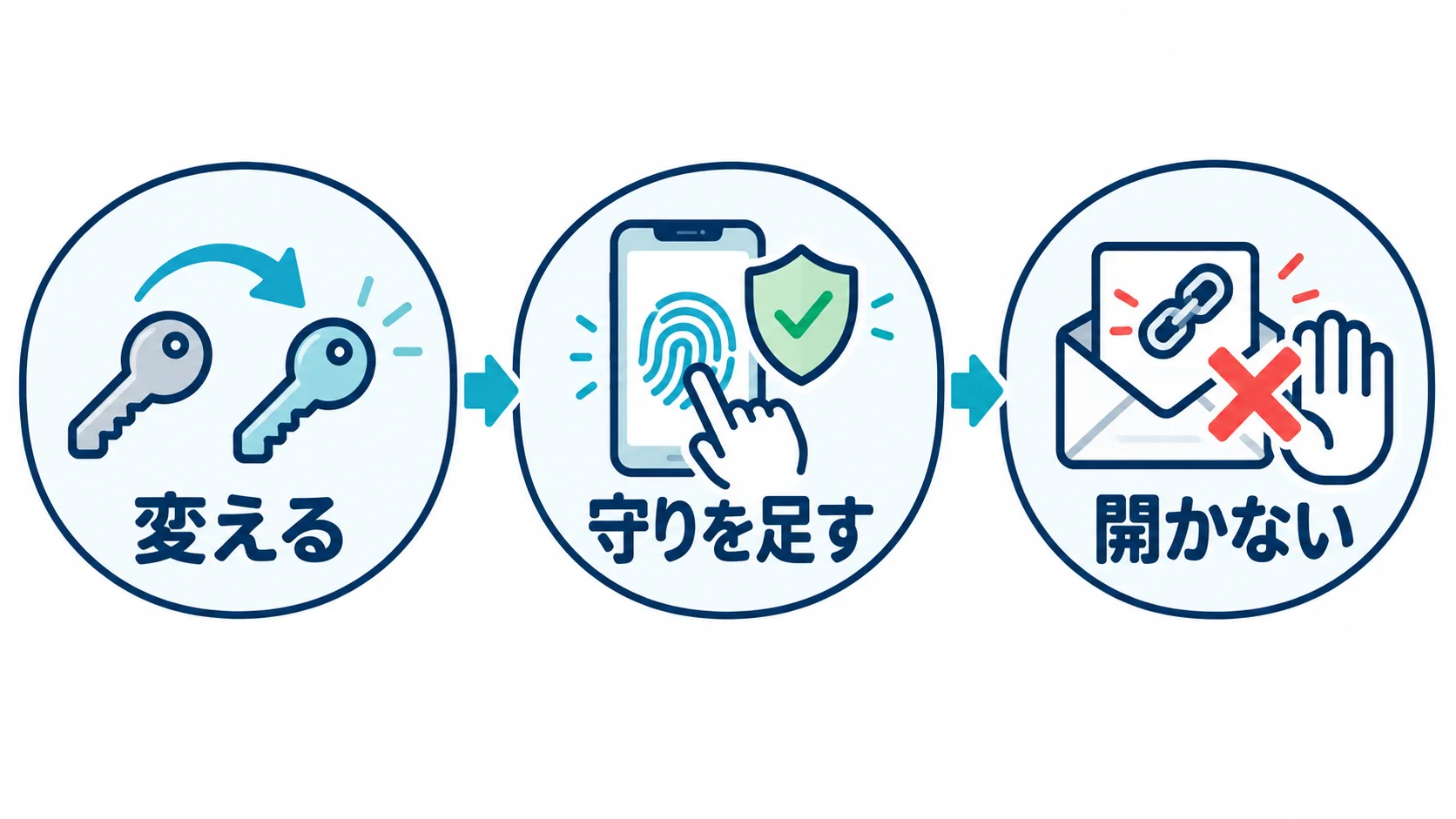 漏えいが見つかったときにやる3つ（パスワードを変える・守りを足す・お詫びや予約の確認を装うメールのリンクを開かない）を順番に並べた図