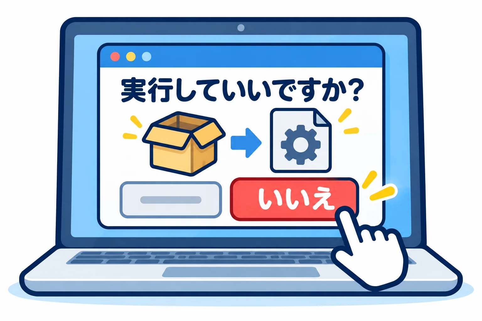 AIの「実行していいですか？」の確認で、頼んでいないインストールや設定の書き換えが出てきたら「いいえ」を押す、という図