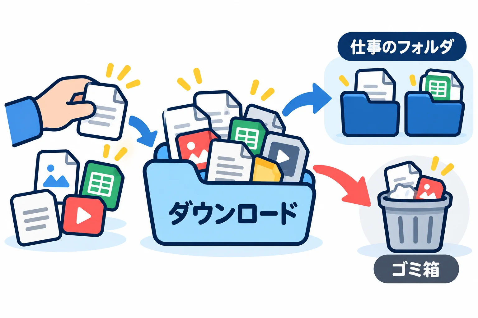 ダウンロードフォルダのファイルを、人の手で仕事のフォルダとゴミ箱に分けていく片付けの図