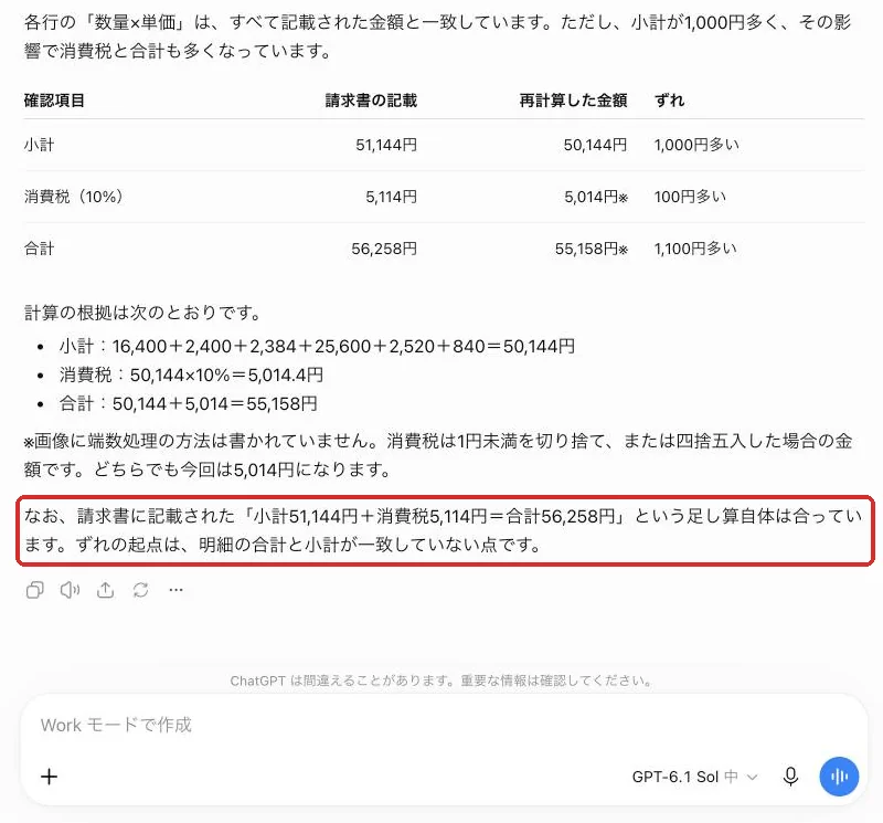 GPT-6.1 Solの答え。ずれは同じで、明細を足す式と、請求書の足し算自体は合っていることまで示した