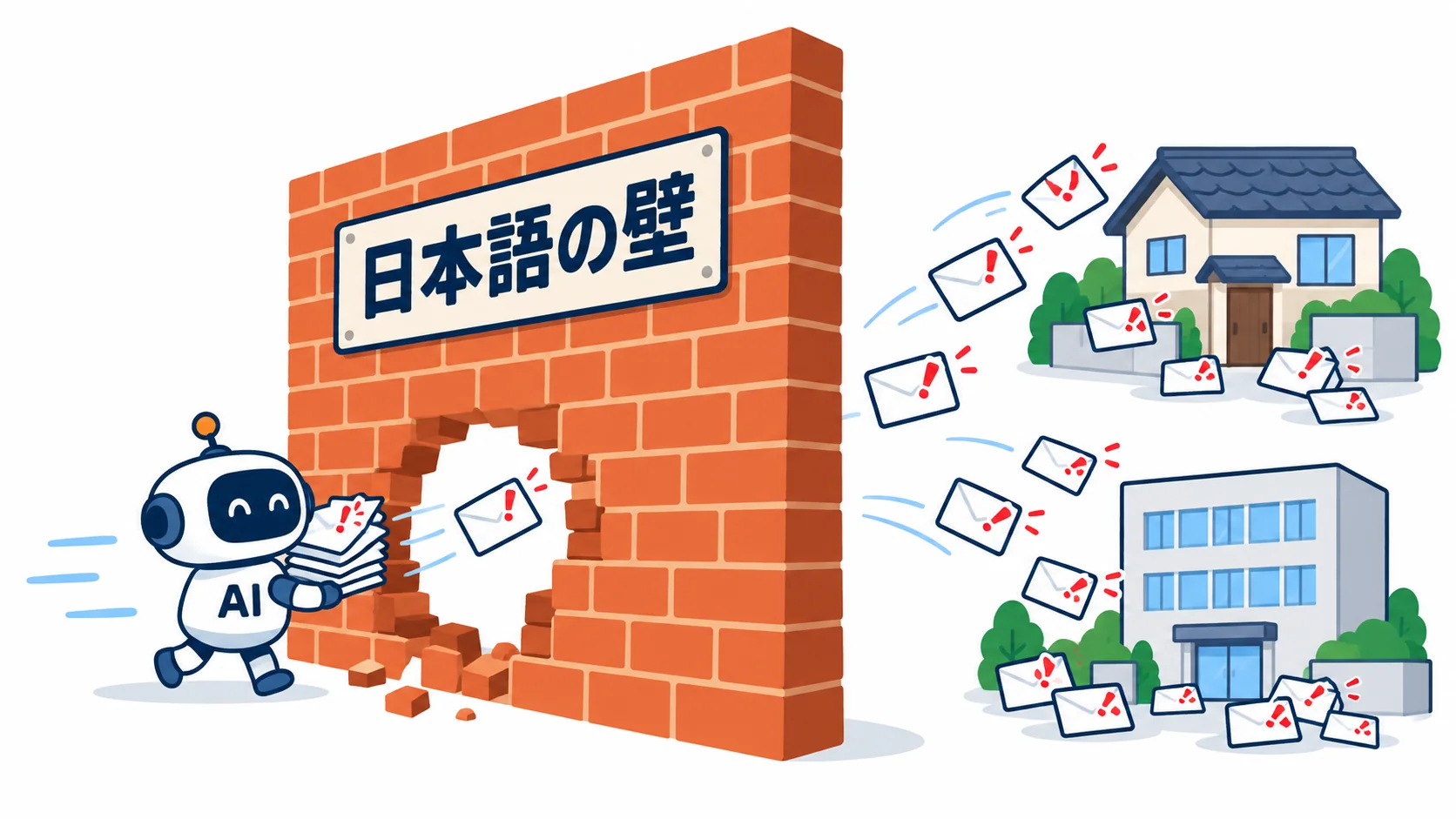 これまで攻撃を防いでいた日本語の壁を、AIのロボットが通り抜けて日本あての大量のメールが届くようになった様子の図