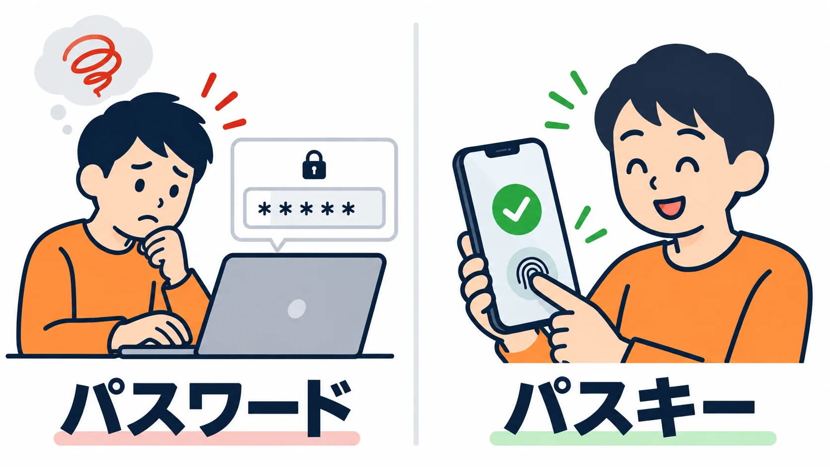 パスワードを入力するログインと、スマホのロック解除だけで済むパスキーのログインを並べた図