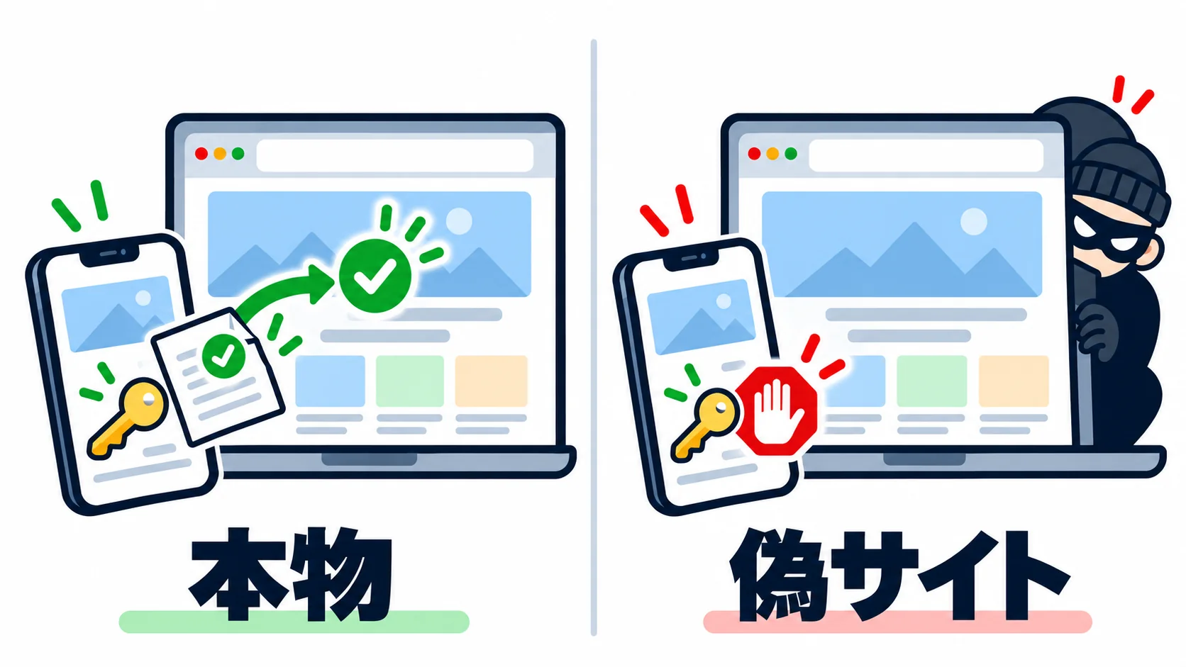 本物のサイトではスマホが答えを返してログインできるが、見た目がそっくりの偽サイトではスマホが答えを作らない様子の図