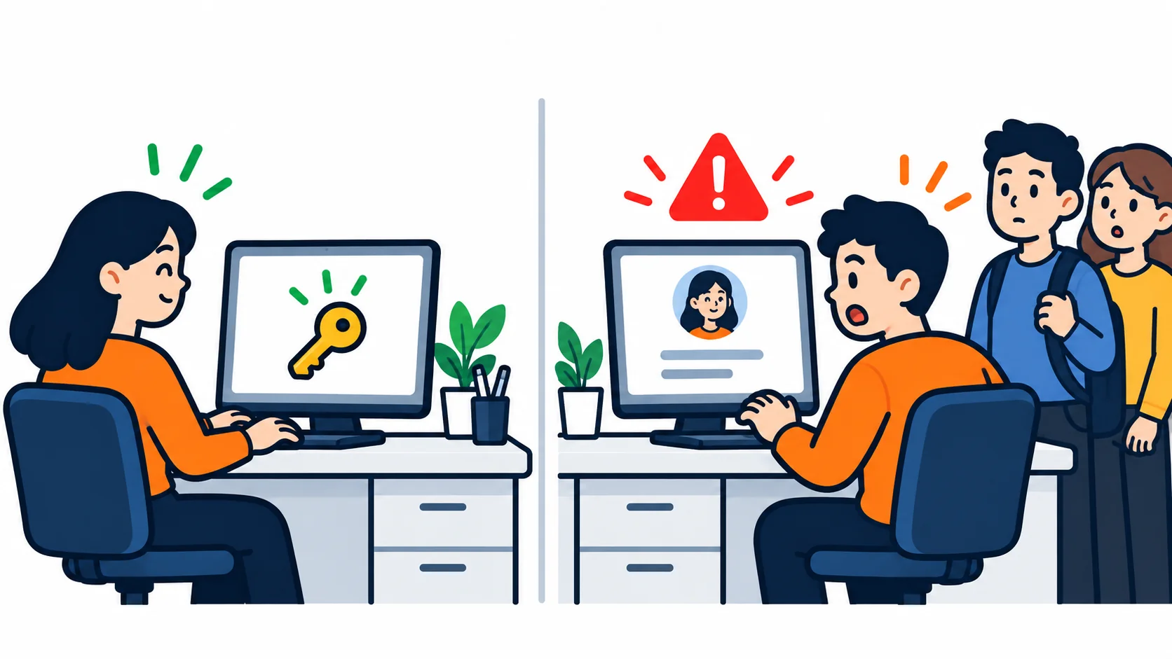 事務所の共有パソコンで一人がパスキーを作ると、そのパソコンを使える別の人も、作った人のアカウントに入れてしまう様子の図