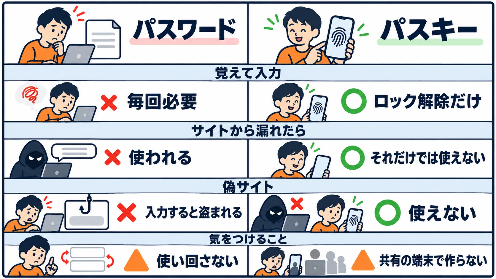 パスワードとパスキーの違いを、覚えて入力・サイトから漏れたら・偽サイト・気をつけること、の四つの項目で比べたまとめの図