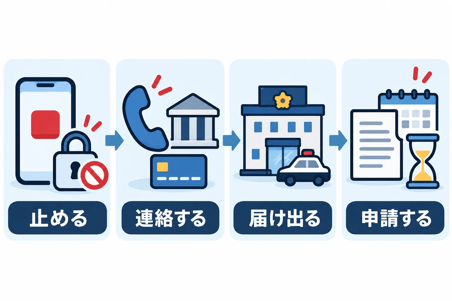 被害に気づいたら、止める→連絡する→届け出る→申請する、の順に進む流れの図